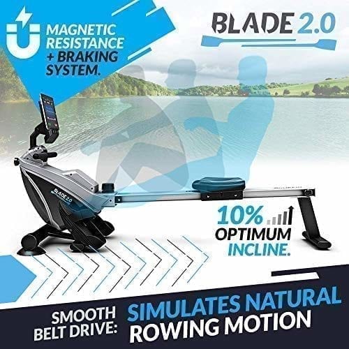 BLADE Home Gym Foldable Rowing Machine | Magnetic Resistance Rower | 8 x Tension Levels | Smooth Belt Drive | LCD Digital Fitness Console | Smartphone App | Black & Grey Silver | Fitness Equipment Shop | Massage Vibration Plates for Weight Loss and Fitness