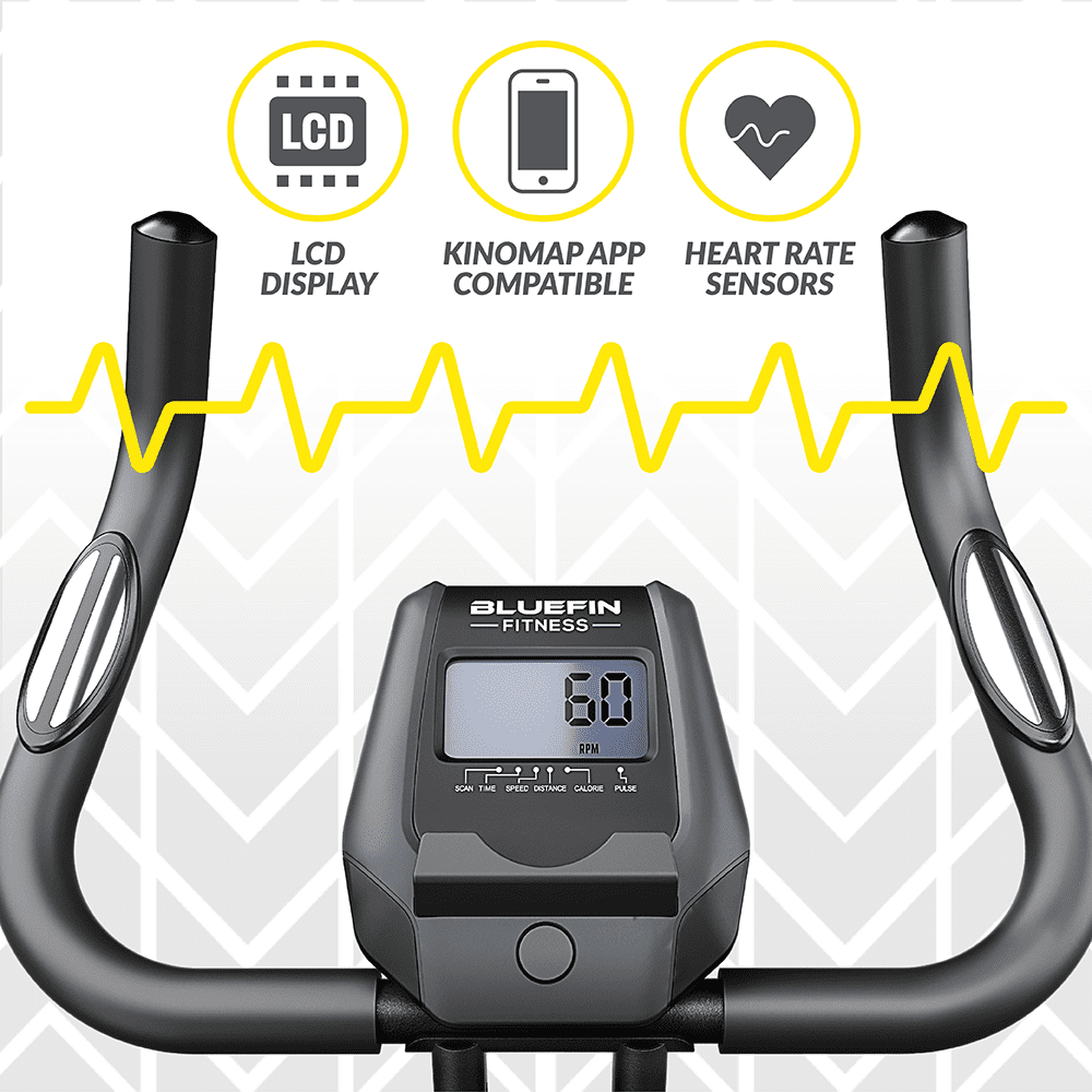 Bluefin Fitness Tour XP Indoor-Bike Herzfrequenzsensoren LCD 5 Jahre Garantie Fitnessger/äte f/ür Zuhause Kompatibel mit Kinomap App Stabiler Stahlrahmen Faltbar 8 x Widerstandsstufen